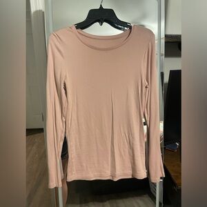 Pink Fitted Crew Neck Long Sleeve Blouse